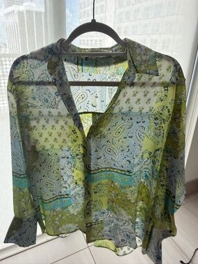 Zara Lightweight Paisley Button-Down Shirt in Green and Blue